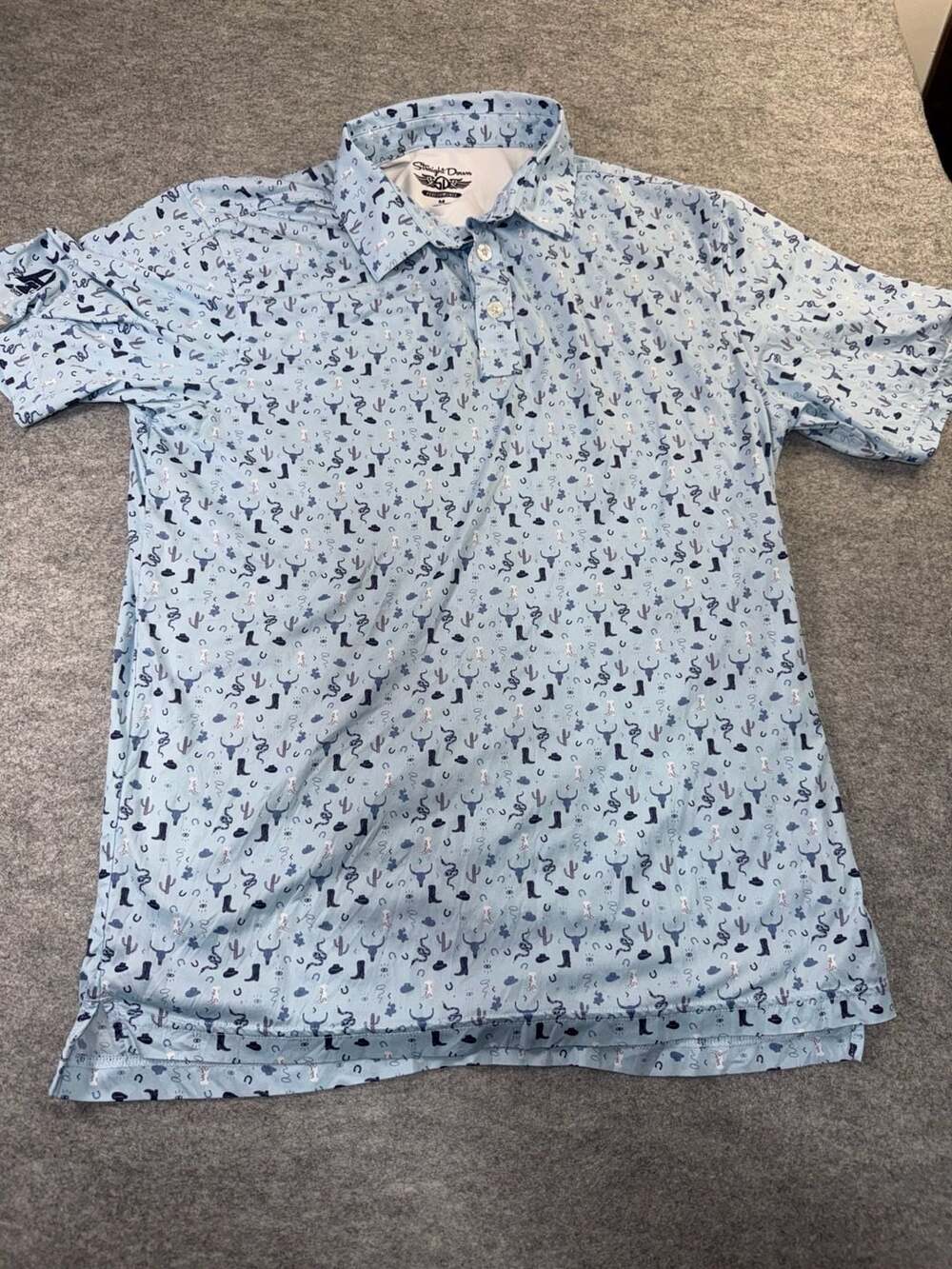 Straight Down Polo Size M Blue Western Print Performance Golf Shirt